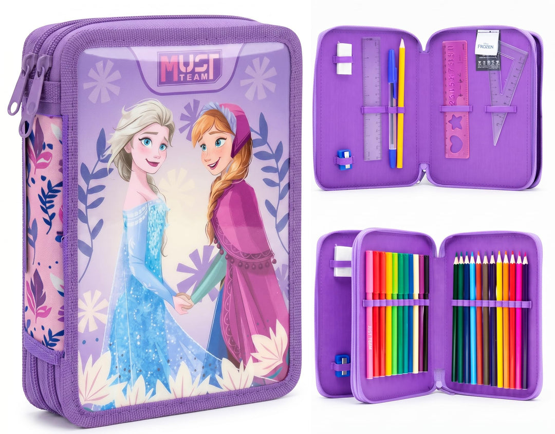 Disney Doppeldecker-Federmäppchen gefüllt mit Schreibwaren für Kinder (Lila Frozen Doppelreissversch