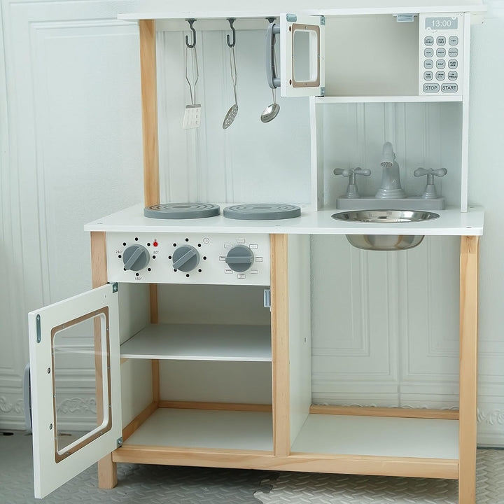 mamabrum Holzküche Kinder ab 3 – Spielküche aus Holz mit Mikrowelle, Backofen, Spüle &amp; Zubehör – Sta