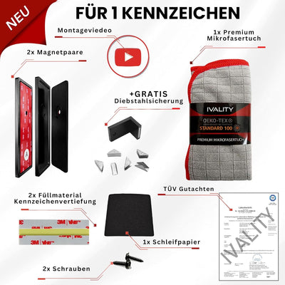 Ivality® Magnet Kennzeichenhalter Rahmenlos für 1 Kennzeichen | Magnetische Nummernschildhalterung A