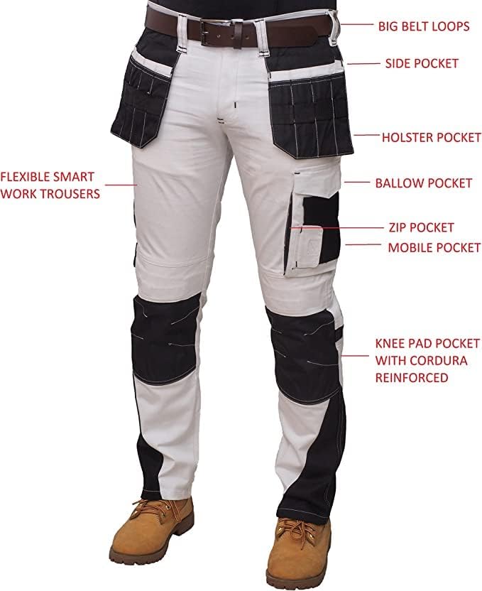 HASHOOB Herren Arbeitshose Maler Dekorateure Weisse Cargohose Pants Weiss-5 38W / 30L, Weiss-5 38W /