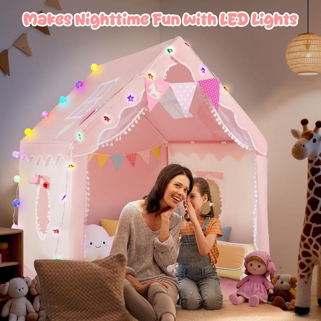 Kinder Spielzelt Hausform, mit LED Lichter & Matte, innen & aussen | Grosser Innenraum, reichhaltige