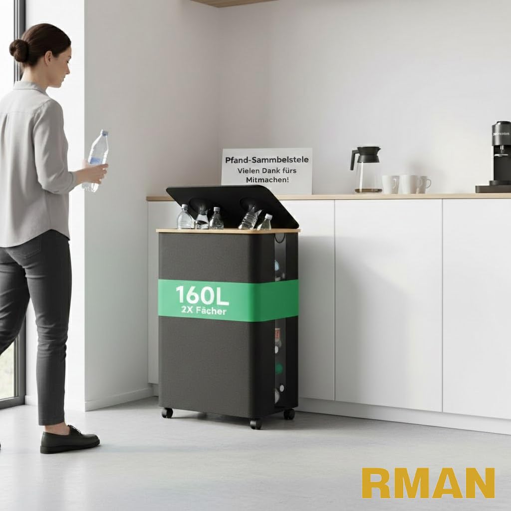 RMAN 160L Pfandflaschen Sammelbehälter 2 Fächer mit Deckel Gross Pfandflaschen Behälter mit Räder Fl