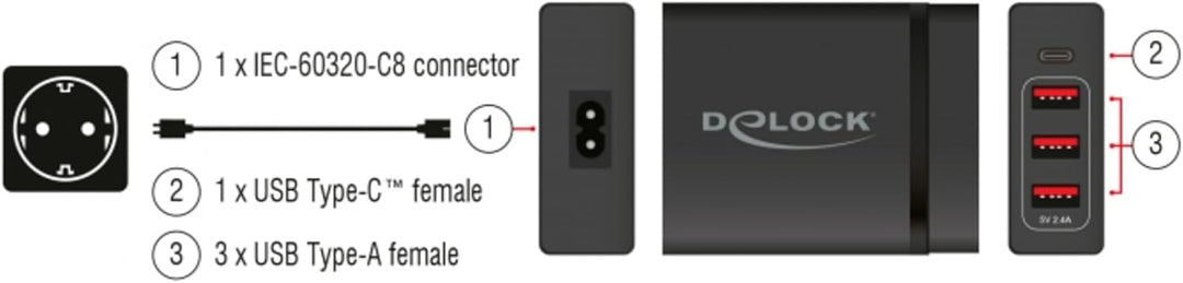 Delock Netzteil extern USB Type-C PD3.0 + 3X USB A Buchse 60W+12W schwarz