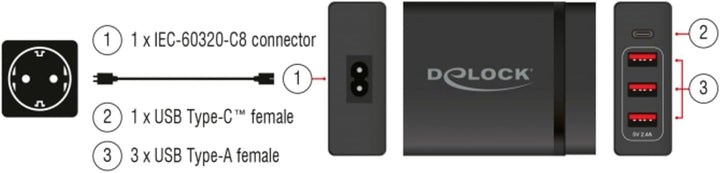 Delock Netzteil extern USB Type-C PD3.0 + 3X USB A Buchse 60W+12W schwarz