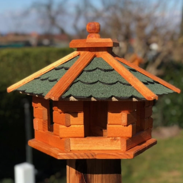 Handgefertigtes Sechseck Vogelhaus aus Holz wetterfest M - XXL mit und ohne Ständer, Futterhaus, Fut