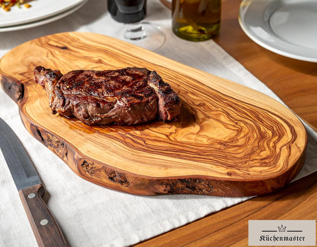 Schneidebrett aus Olivenholz 40 cm im Naturschnitt, Servierbrett, Steakbrett, Küchenbrett | Holzbret