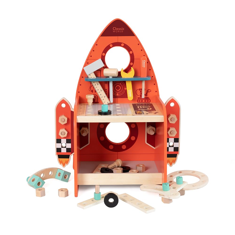 Classic World Werkbank Kinder Rakete ab 3 Jahre | Werkzeugbank mit 51 Teilen | Spieltisch mit Werkze