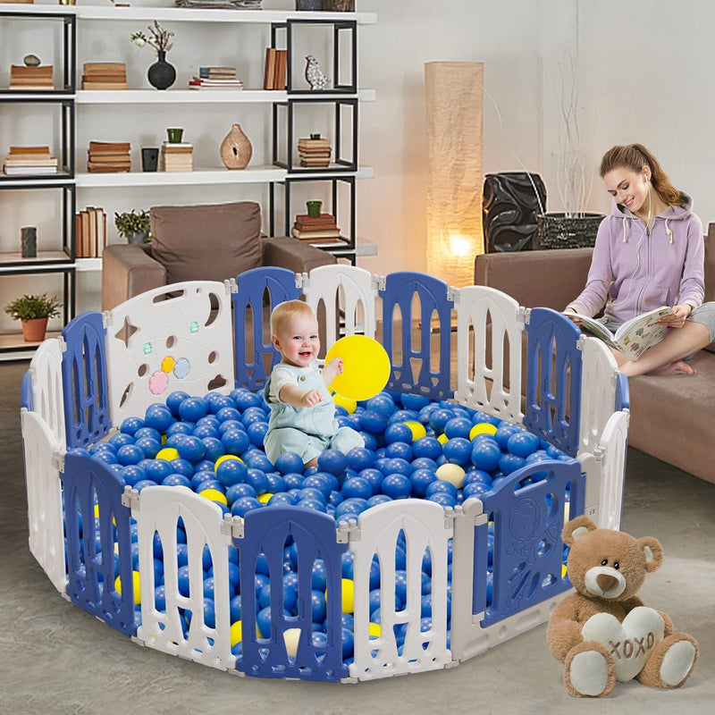 Aufun Laufstall Baby Laufgitter Faltbar Baby Absperrgitter mit Tür und Spielzeugboard, 14 Panel Blu+