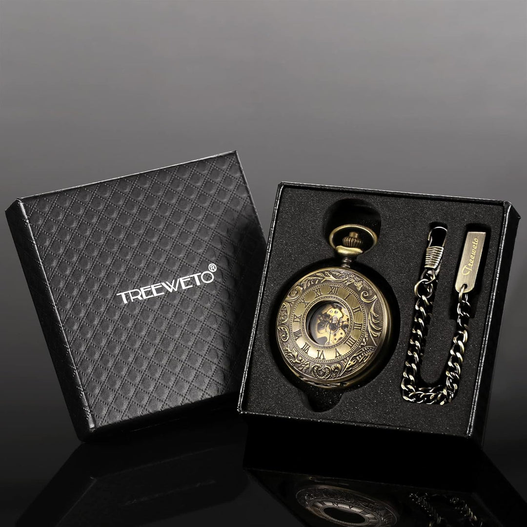 TREEWETO Unisex Taschenuhr mit Kette Analog Handaufzug Doppelscharnier Römische Ziffern Gold/Silber