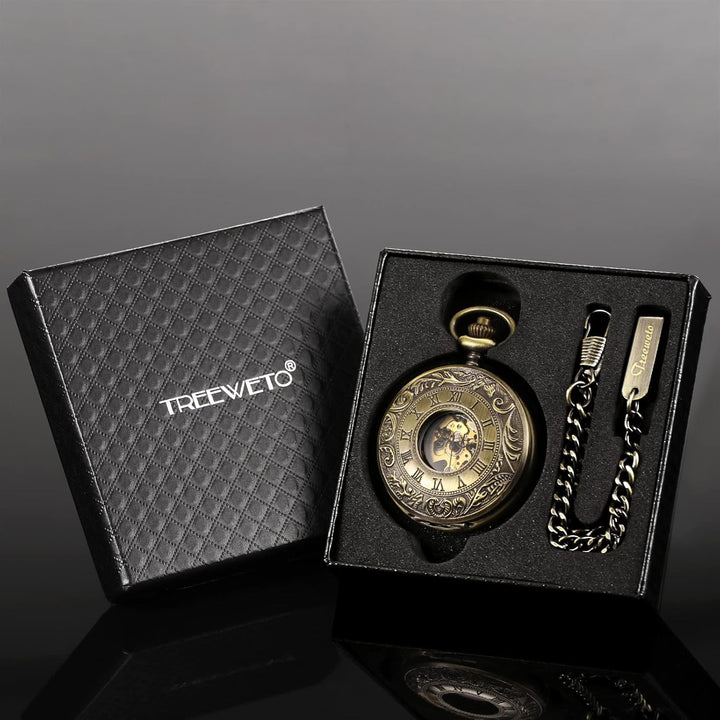 TREEWETO Unisex Taschenuhr mit Kette Analog Handaufzug Doppelscharnier Römische Ziffern Gold/Silber