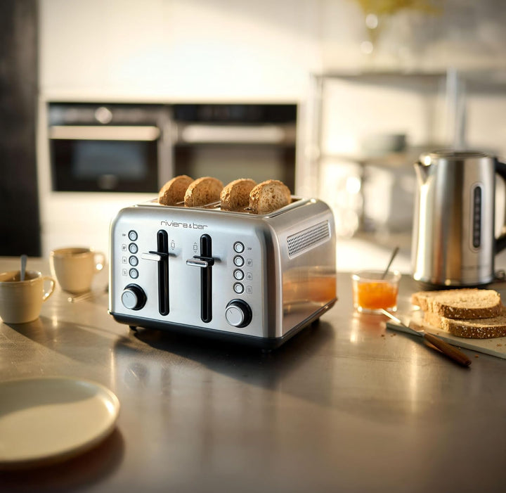 riviera&bar 4-Scheiben-Toaster aus Edelstahl, 1800 W – 5 Bräunungsstufen, Auftau- und Aufwärmfunktio