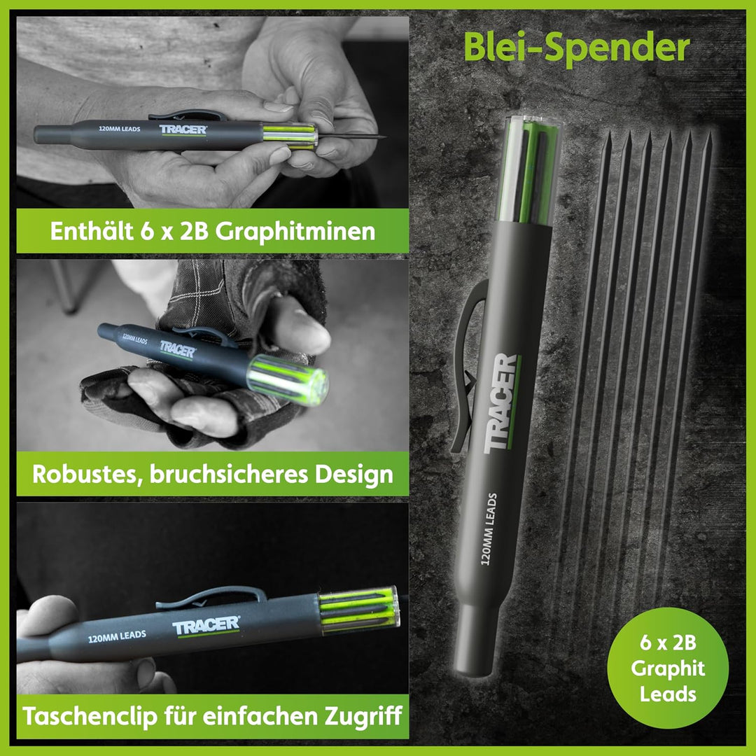 Tracer Markierungsset – Tiefloch-Schreinerbleistift, Ersatzminen x 6 und 2 verstopfungsfreie Marker
