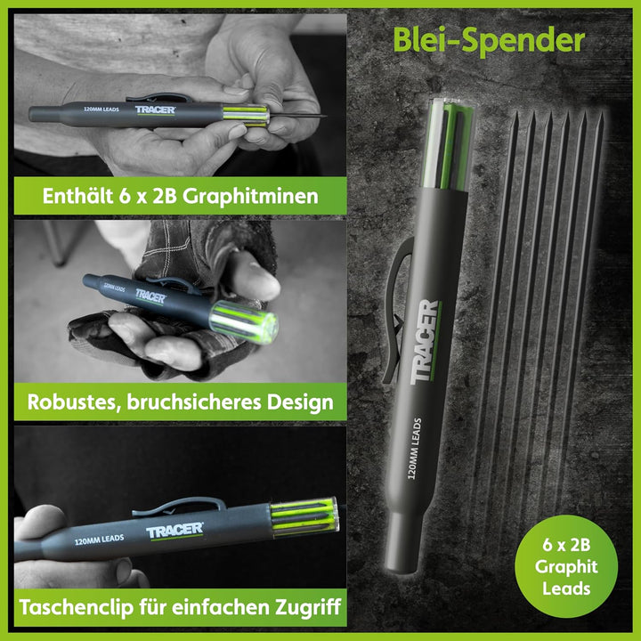 Tracer Markierungsset – Tiefloch-Schreinerbleistift, Ersatzminen x 6 und 2 verstopfungsfreie Marker