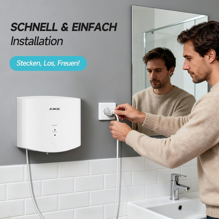 AIKE Air Wiper Kompakt Händetrockner, Hochgeschwindigkeit, 1400W 220V, Stecken & Loslegen, Papierlos