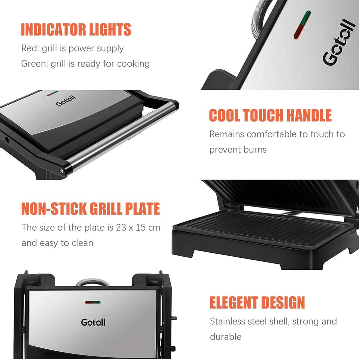 Gotoll Sandwichmaker Kontaktgrill 900W, Panini Maker, Sandwich Grill, geöffneter 180° Tischgrill, An
