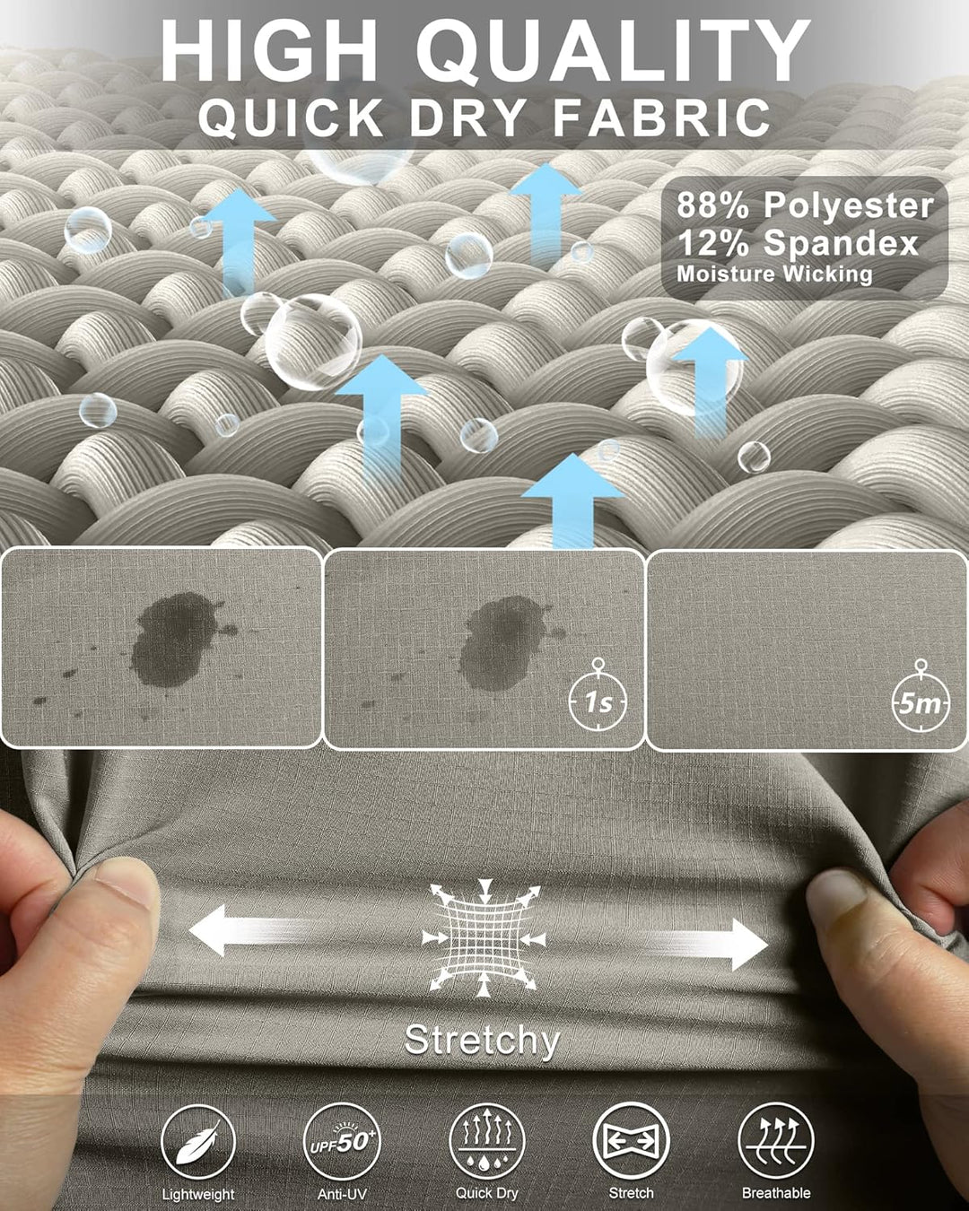 33,000ft Safari Hemd Herren Langarm Sportshemd UPF50+ UV Schutz Funktionshemd Atmungsaktiv Button-Do