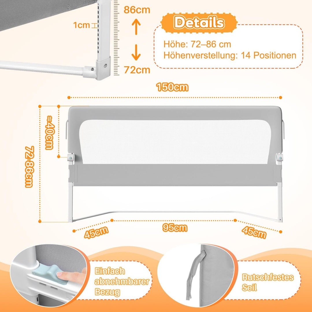 Rausfallschutz Bett, Rausfallschutz Boxspringbett, Bettgitter höhenverstellbar 72-86 cm, zusammenkla
