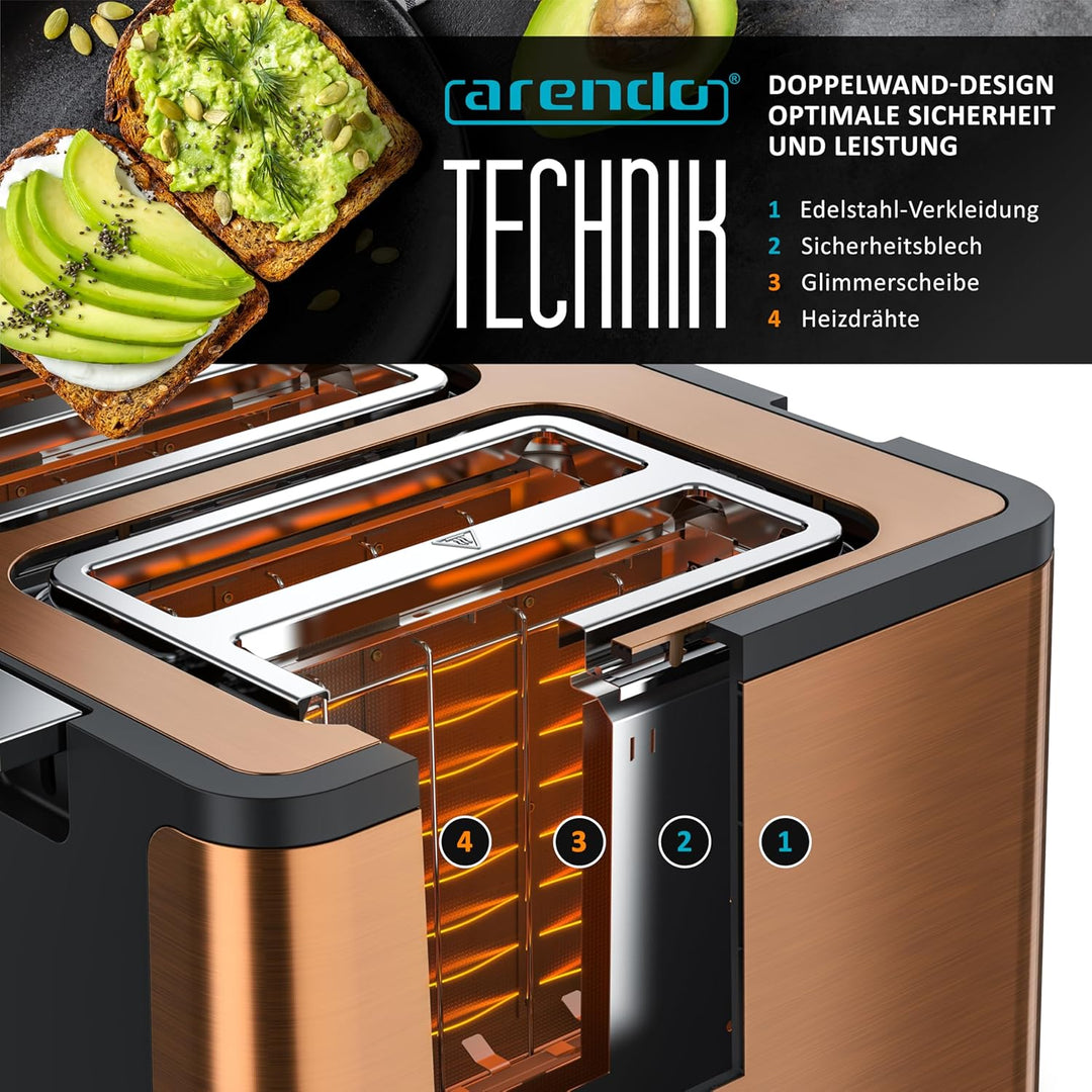 Arendo - Toaster 4 Scheiben Edelstahl - mit Brötchenaufsatz - LED Anzeige Restzeitanzeige – Doppelwa