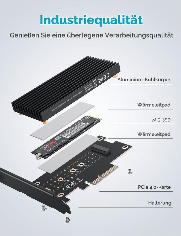 GRAUGEAR M.2 PCIe 4.0 Adapter-Karte für NVMe SSD, M-Key, grosser Aluminium-Kühlkörper, Unterstützt 2