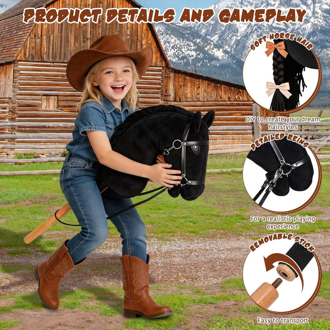 Hobby Horse für Kinder, Steckenpferd Spielzeug Pferd mit Halfter und Zügeln, Holzpferd Plüschpferd S