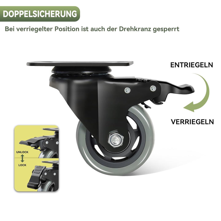 BAOLIHUI 75mm Graue Schwerlastrollen mit Bremse - Möbelrollent bis zu 500KG, 360° Beweglichkeit - 4e