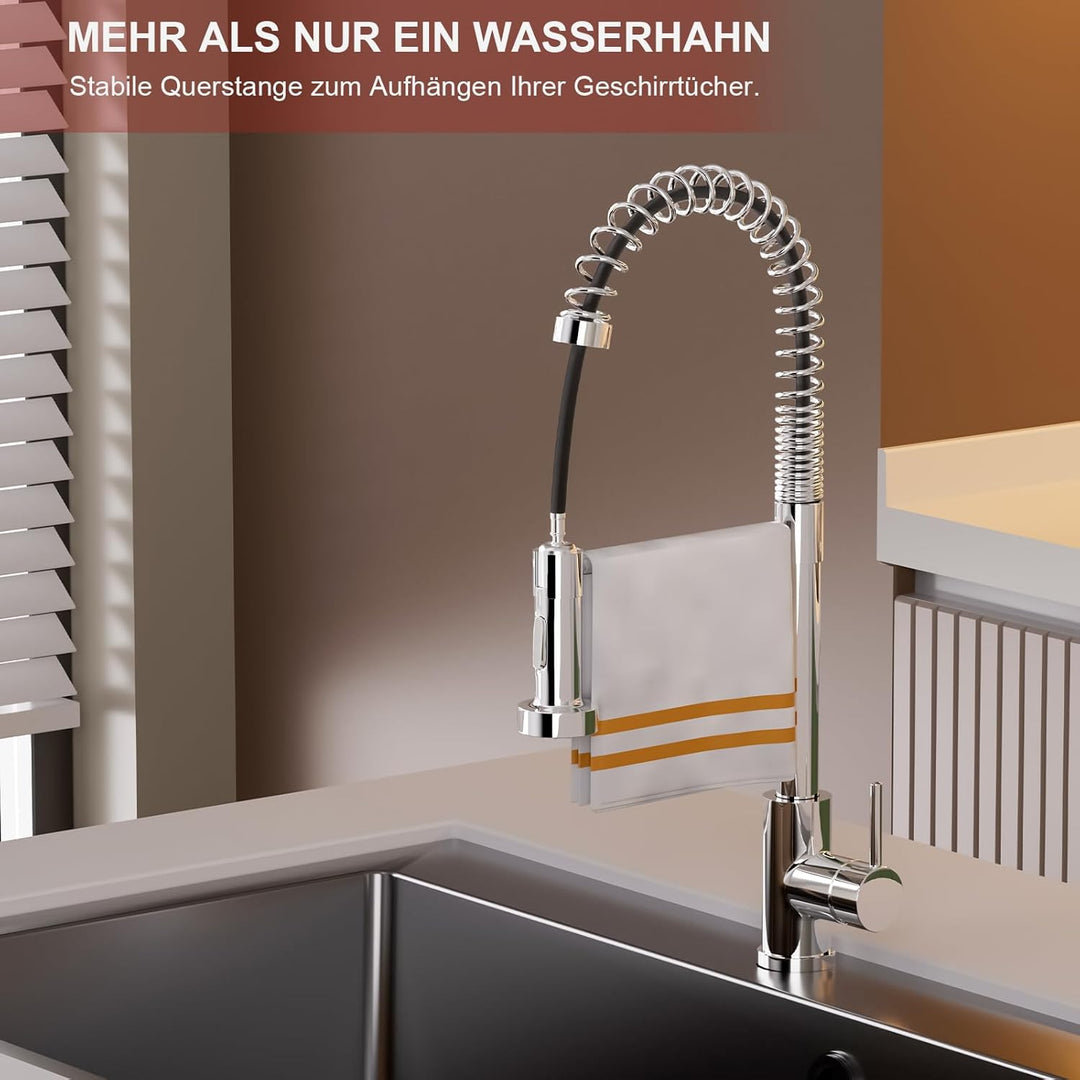 Spiralfeder Wasserhahn Ausziehbar, Hochdruck Küchenarmatur mit Brause, mit 2 Strahlarten, 360° Drehb