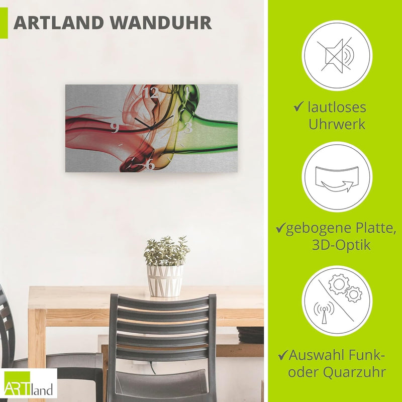 ARTLAND Wanduhr ohne Tickgeräusche Alu Funkuhr 50x25 cm Eckig Lautlos 3D Design Abstrakt Kunst Bunt