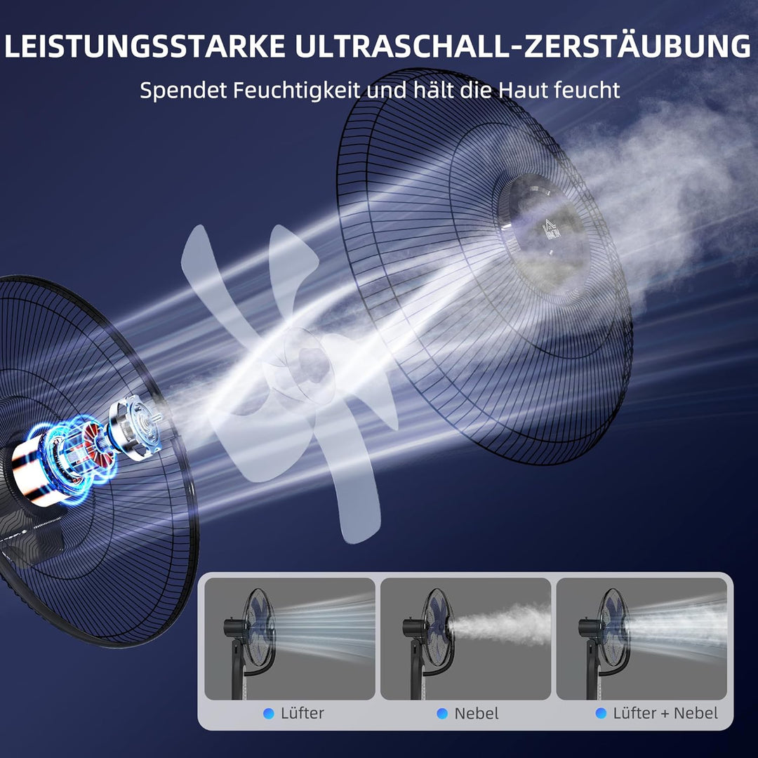 HOMCOM Ventilator mit Wasserkühlung, Standventilator mit Verstellbar Sprühnebel, 3 Geschwindigkeiten