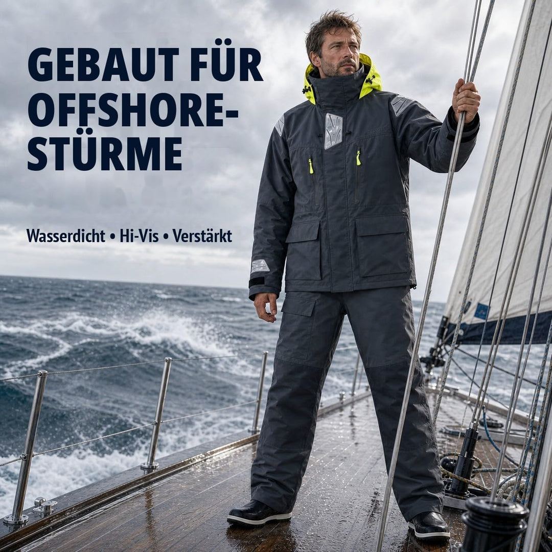 Herren Offshore Segelanzug 3-Lagen Wasserdicht Atmungsaktiv - Profi Segeljacke mit Neon-Kapuze & Ref