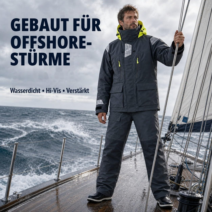 Herren Offshore Segelanzug 3-Lagen Wasserdicht Atmungsaktiv - Profi Segeljacke mit Neon-Kapuze & Ref