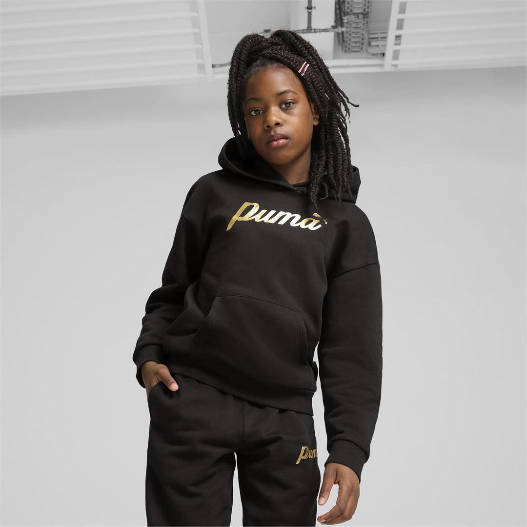 PUMA Mädchen ESS+ Script Metallic Hoodie FL G Schweiss 116 Black Gold Foil, 116 Black Gold Foil