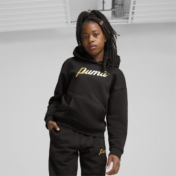 PUMA Mädchen ESS+ Script Metallic Hoodie FL G Schweiss 116 Black Gold Foil, 116 Black Gold Foil