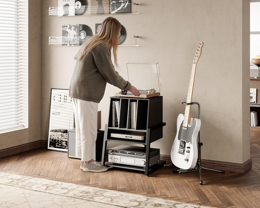 FITUEYES Plattenspieler Tisch aus Holz Metall HiFi Rack für Plattenspieler 120 Platten Kompaktanlage