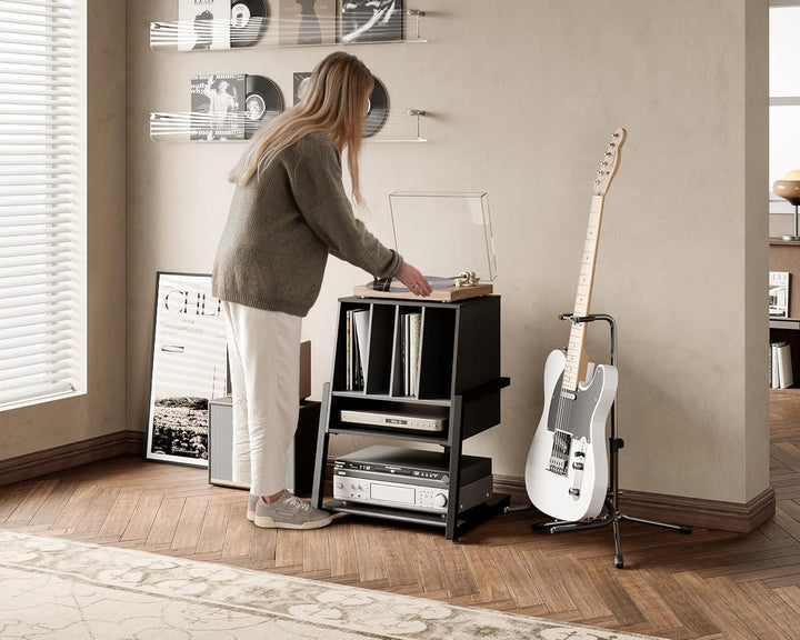 FITUEYES Plattenspieler Tisch aus Holz Metall HiFi Rack für Plattenspieler 120 Platten Kompaktanlage