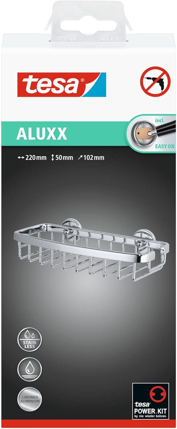 tesa ALUXX Duschablage zum Kleben, Aluminium, verchromt, garantiert rostfrei, inkl. Klebelösung, 105