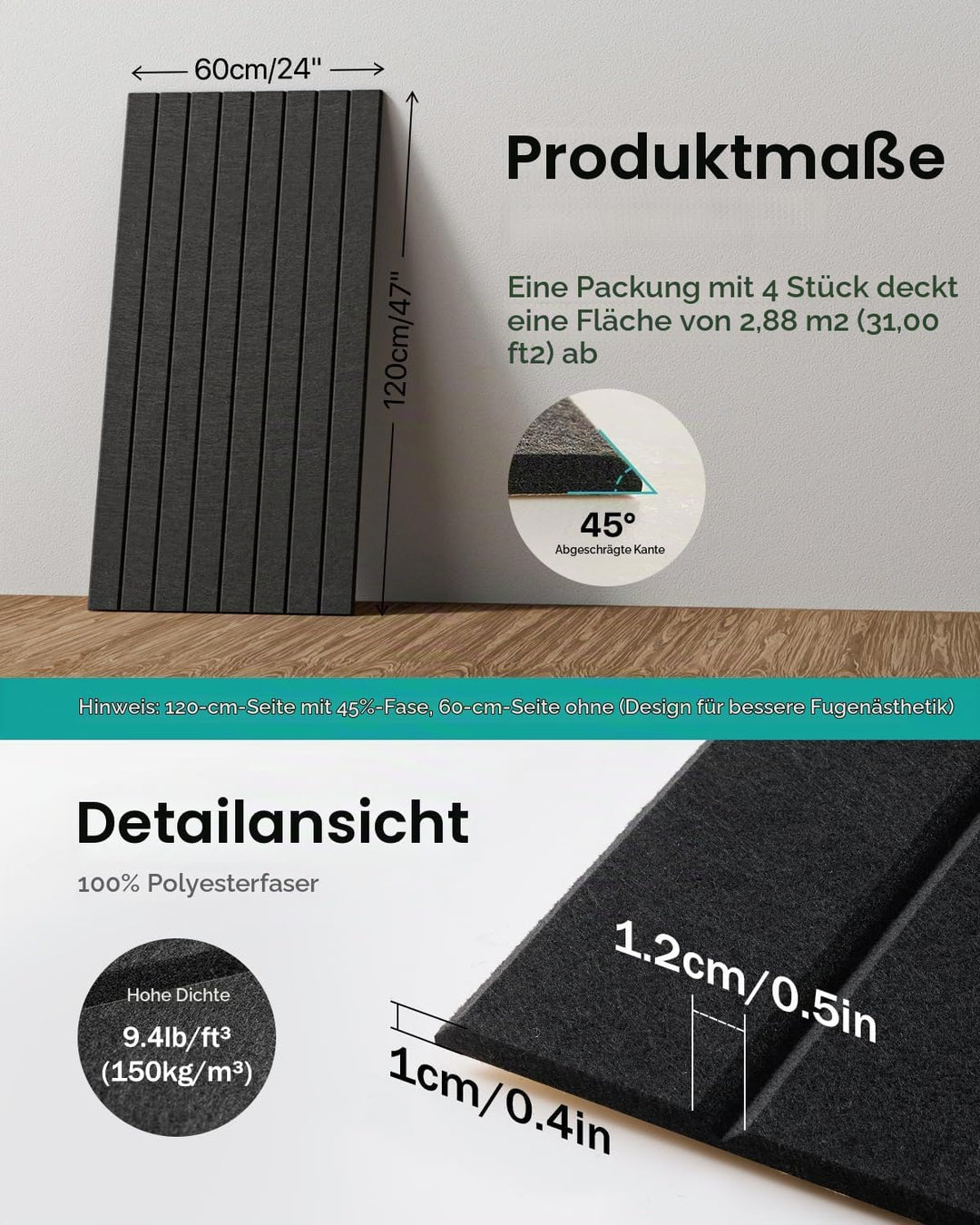 Soundsbay Akustikpaneele Selbstklebend, 2.88m²-4 Stück, 120×60×0.9cm Akustikplatten Wandpaneele für