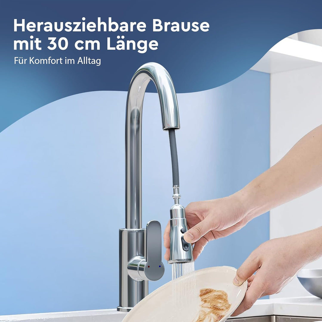 Küchenarmatur – 360° Wasserhahn Küche mit ausziehbarer Brause, Edelstahl Spültischarmatur Hochdruck,