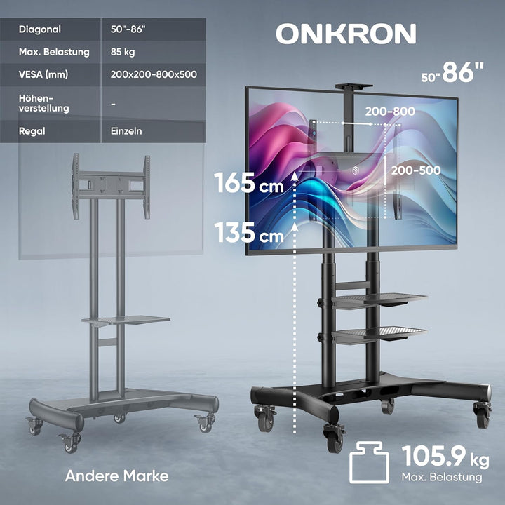 ONKRON Mobiler TV Ständer höhenverstellbar für 50” - 86” TVs bis zu 105 kg - Fernsehständer mit Roll