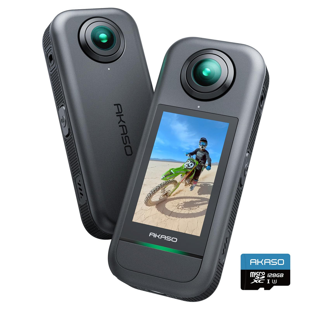 AKASO 360° Action Cam - 5.7K 72MP 360 Grad Actionkamera mit 128GB Speicherkarte Duale 1/2" 48MP Sens
