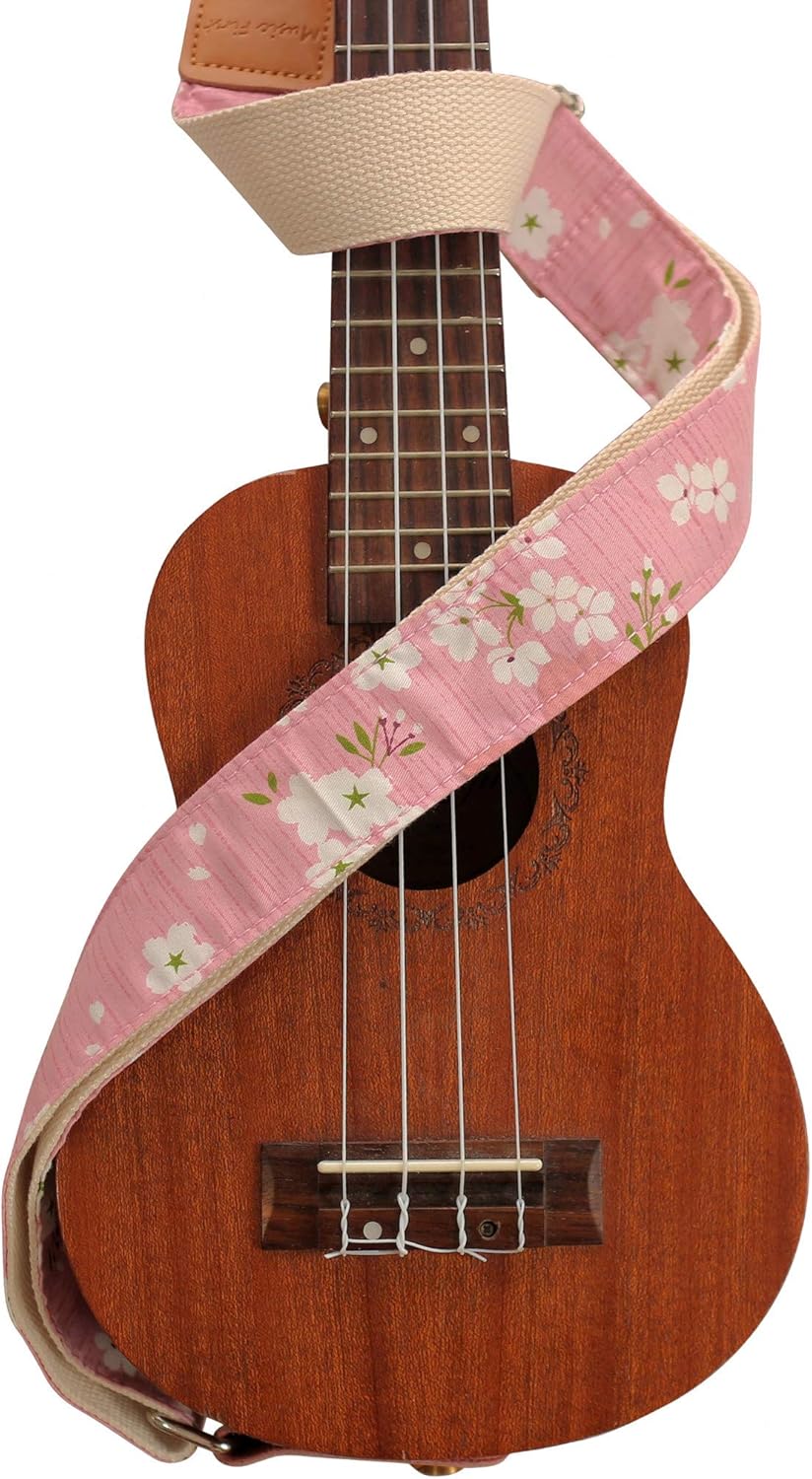 MUSIC FIRST Ukulelengurt, Vintage-Stil, "Pink Sakura", weiches Musselin und echtes Leder, Ukulelengu