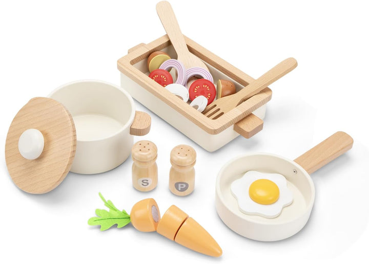 Woet Holz-Kochset mit Töpfen, Pfanne und Spielessen, 20 Teile
