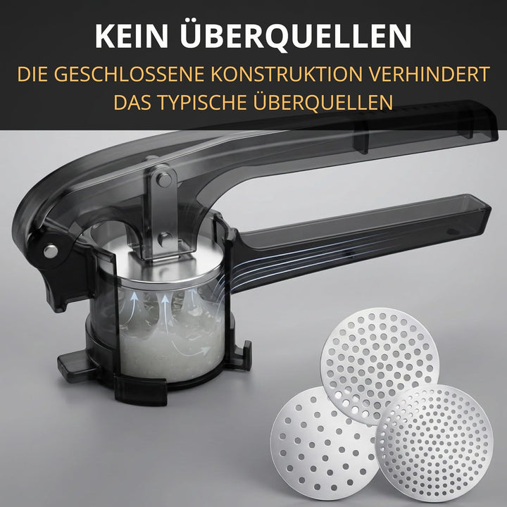 Spätzlepresse & Kartoffelpresse aus Kunststoff – 3 Edelstahl-Einsätze für Spätzle, Spaghetti-Eis, Ka