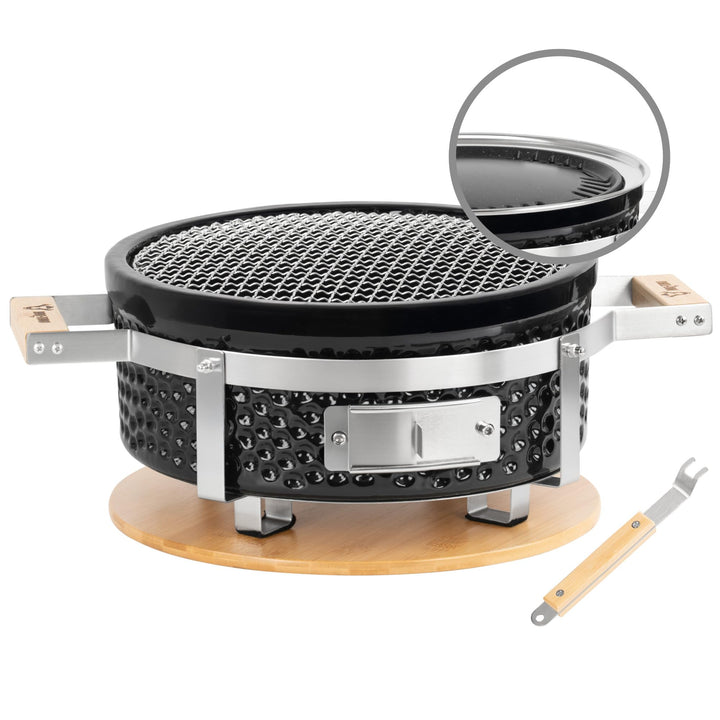 BBQ-Toro Keramik Holzkohletischgrill mit Holzunterlage | Ø 29,5 cm | Outdoor Hibachi Grill für Campi