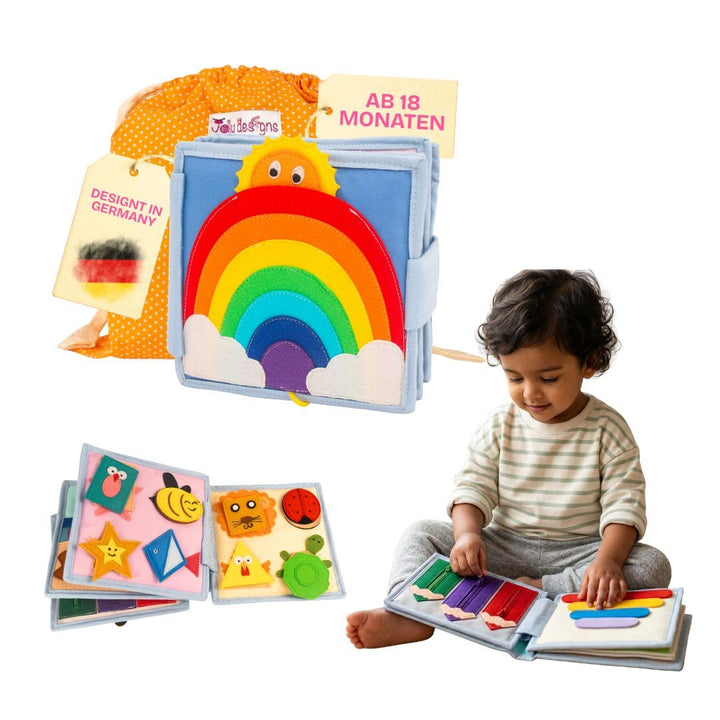 Jolly Designs 6-seitiges Mini Quiet Book Sonnenschein - Montessori Lernspielzeug aus hochwertigem St