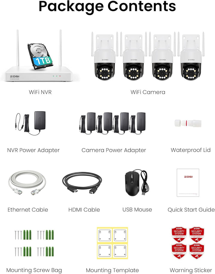 ZOSI 5MP WiFi 6 Überwachungskamera Aussen Set, 8CH 1TB NVR mit 4X 360° WLAN Kameras, KI Personen-/Fa