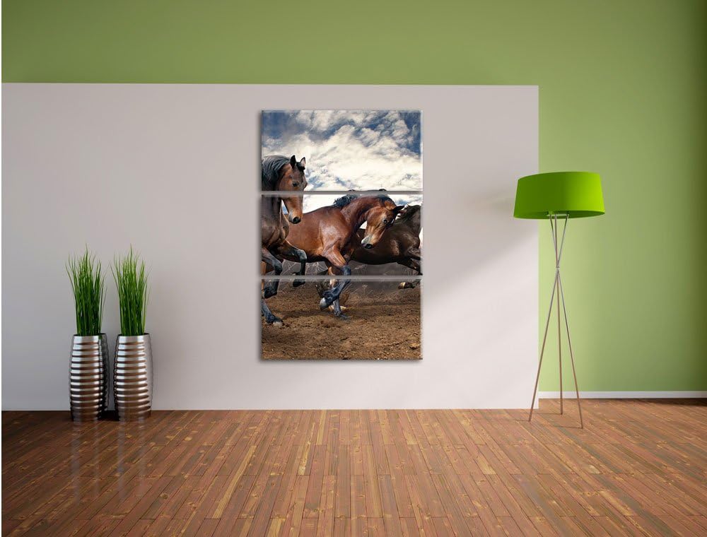 Pixxprint Wildpferde als Leinwandbild/Grösse: 3 Teilig (120x80) cm/Wandbild/Kunstdruck/fertig bespan