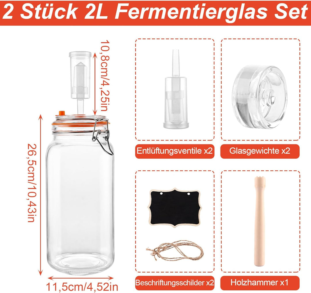 2 Stück 2L Fermentierglas Fermentationsglas mit Gärventi &amp; Gewicht Kimchi Behälter mit Luftschleuse