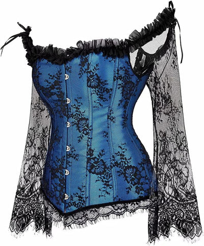Jutrisujo Korsett Damen Corsage Corset Vollbrust Top Spitze Ärmel Hochzeit Vintage Burlesque, Blau