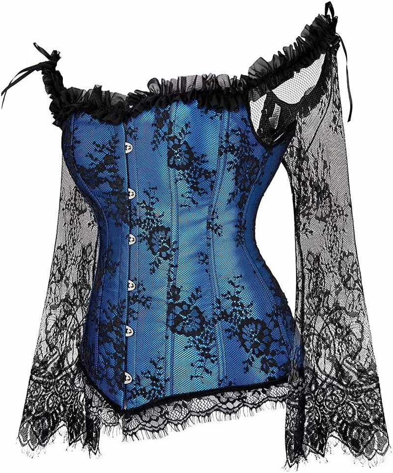 Jutrisujo Korsett Damen Corsage Corset Vollbrust Top Spitze Ärmel Hochzeit Vintage Burlesque, Blau