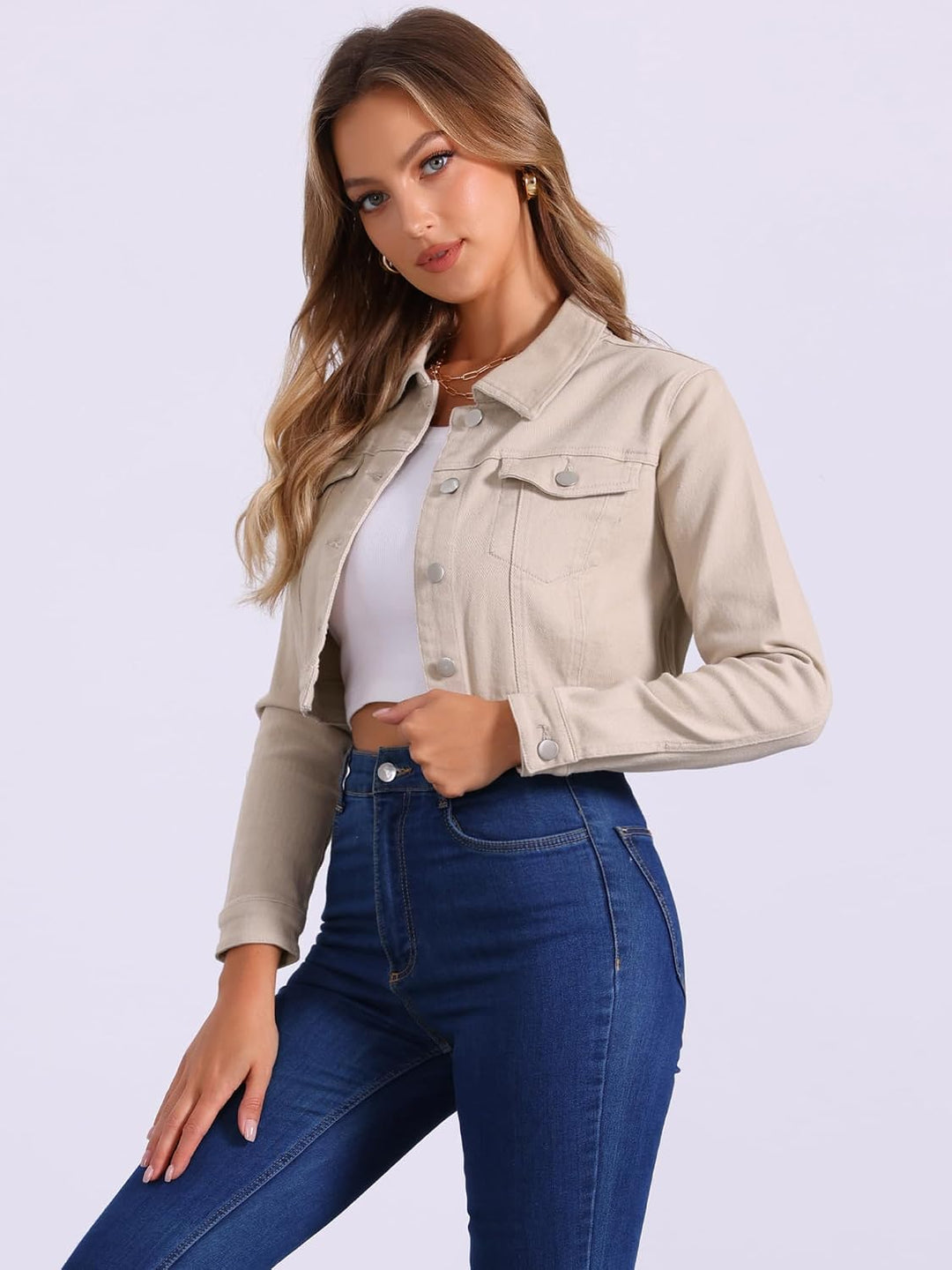 Allegra K Damen Jeansjacke Langarm Umlegekragen Knopfleiste Crop Denim Jacke M Helles Khaki, M Helle